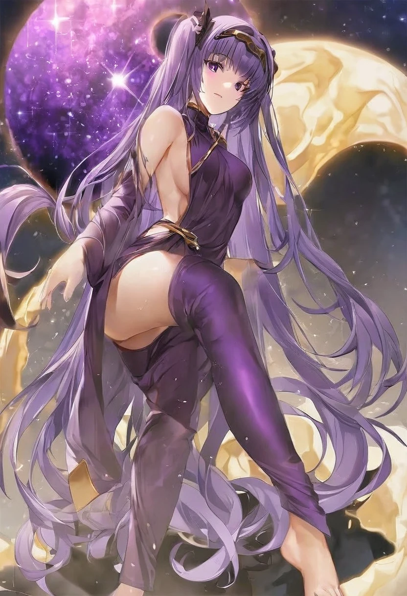 Athena,Purple one-way slightly messy long hair,Purple Eyes,Purple jumpsuit,But the one-piece dress is very sexy and revealing,barefoot,A black hole in the universe,Purple and black black hole