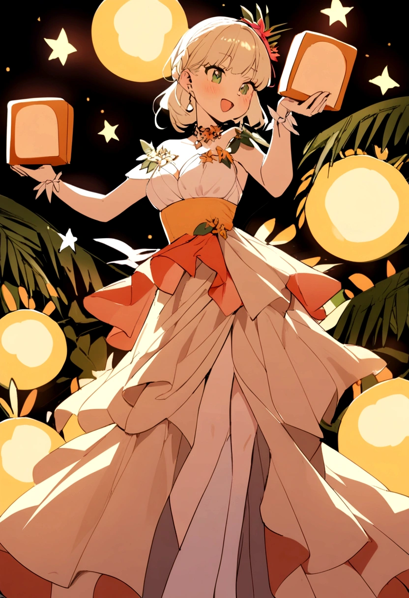 1 woman making a toast,at night tropical island party