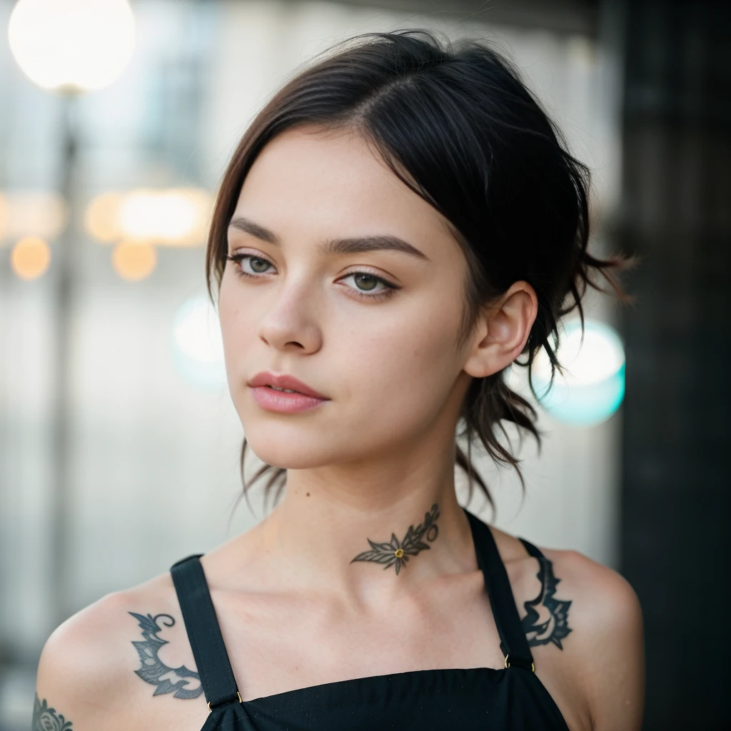 midshot , hi angle, captivating artsy image of a Beautiful cute but enraged latvian gen-z. girl aged 18, with freckles, nerdy ,seductive eyes, irresistable face expression with a shags haircut. popstar plumped lipps, fixed nose , ((small sun neck tatoo)) . provocative edgy toptank, 2000 hiphop style, he radiates confidence as she stands against a simple mint green and yelow backdrop, glitter bokeh in the background The cinematic quality of the photo, shot with an ARRI Alexa camera and Zeiss lens, captures the essence of a dark inovative style . with a futuristic twist The overall atmosphere is hiphop urban. I cant believe how beautiful she is