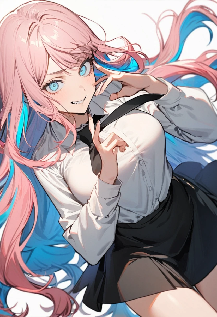 1 girl in chainsaw man style, long wavy hair, light pink hair, hair with blue tips, multicoloured, light blue eyes,white blouse with a black tie,(breasts a little big),black short skirt, Grinning (dentes pontudos), making a hand gesture,dynamic angle, White background 