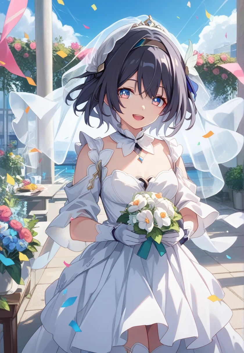 score_9, score_8_superior, score_7_superior, Wedding dress, White gloves, White Dress, garden, Are standing, Cowboy Shot, Holding a bouquet, smile, Open your mouth, Confetti, fire Fly \(Honkai: Star Rail\), hair ornaments,Black hair band, Medium chest, Nice hands, Perfect hands,Short Hair,Short Hair、Silver Hair