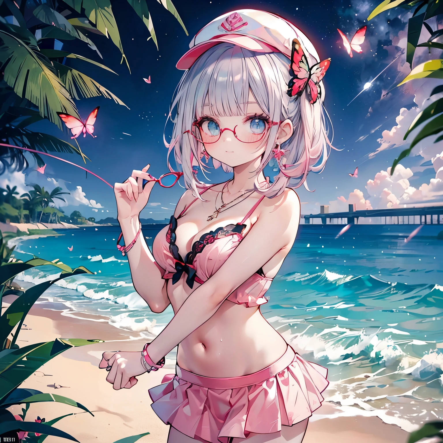 high angle,from above,cleavage,((elegant pink baseball cap)),(colorful bamboo trees and leaves,star festival decorations),
(wearing elegant red round frame glasses,circle frame),((white and red sexy elegant cute string tied summer bikini,sexy red flair mini skirt)),(beautiful pink and green butterflies and fish all over the place),colorful fish,flowers,fantasy beams and lights,
((masterpiece:1.4, best quality)), ((masterpiece, best quality)),((beautiful twin tail silver pink hair,blunt bangs,beautiful cobalt blue eyes,little cute girl)),full body, bathing in the water,(beautiful emerald green beach,waves),(water splash,lovely laugh), (pink Lace chalker, red wristband, diamond necklace,earrings),cinematic lighting and pause,beautiful natural mysterious beach,night sky,full moon,(beautiful pink and red butterflies and fish all over the place),