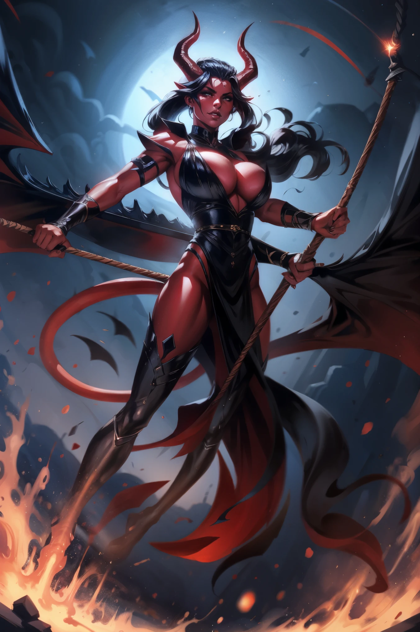 Red skin succubus tiefling, medium breasts, black horns, wings, huge tail, black leather, long flowing pelvic curtain, tall, toned, graceful, thin, long black ponytail. Action scene, whip. Dark scene, explosions, night sky.