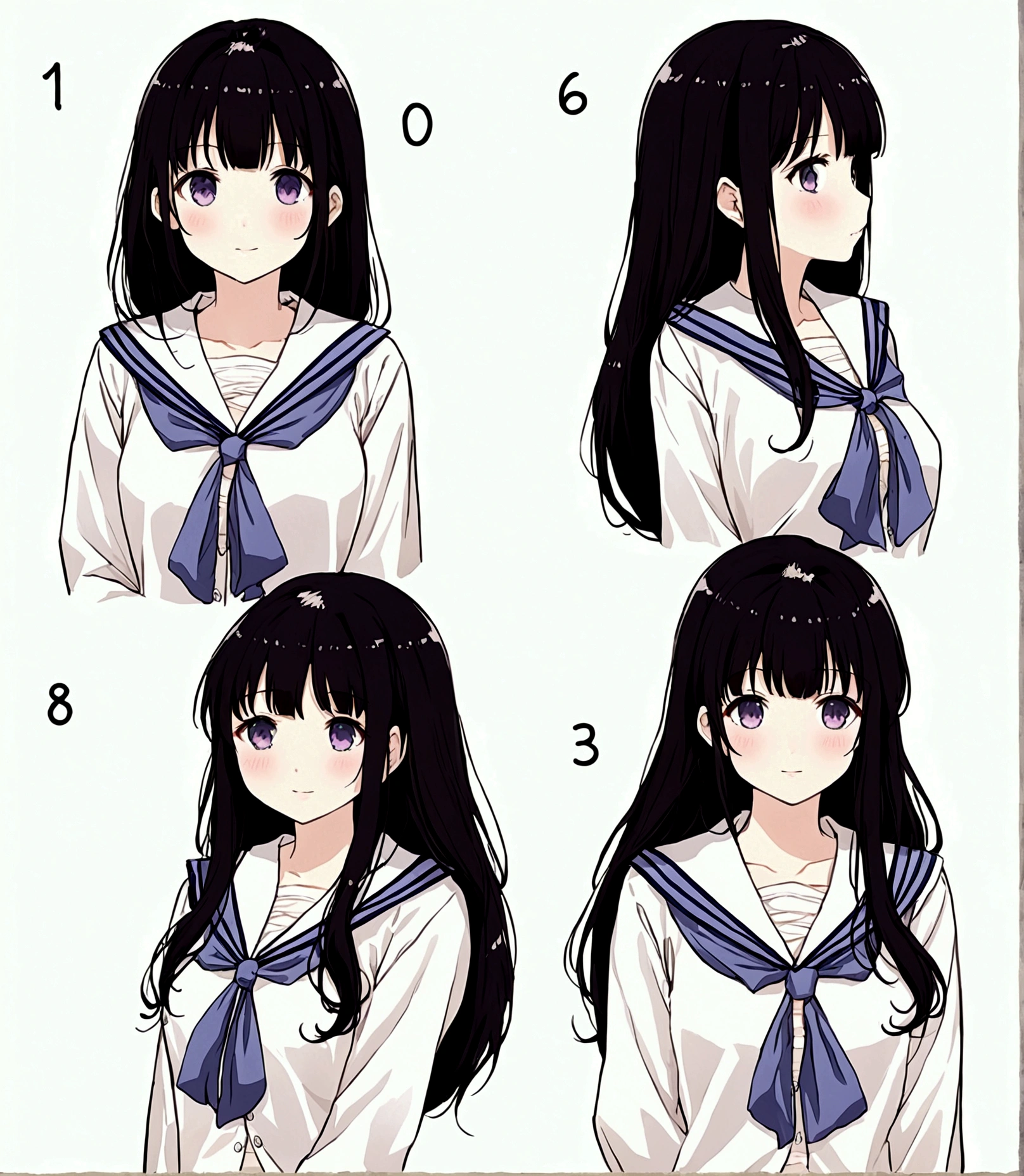 make me a female character with a manga or anime theme with no background, the character has long black hair, beautiful black eyes, smooth and soft cheeks, and a typical Japanese , as well as an ideal body shape.