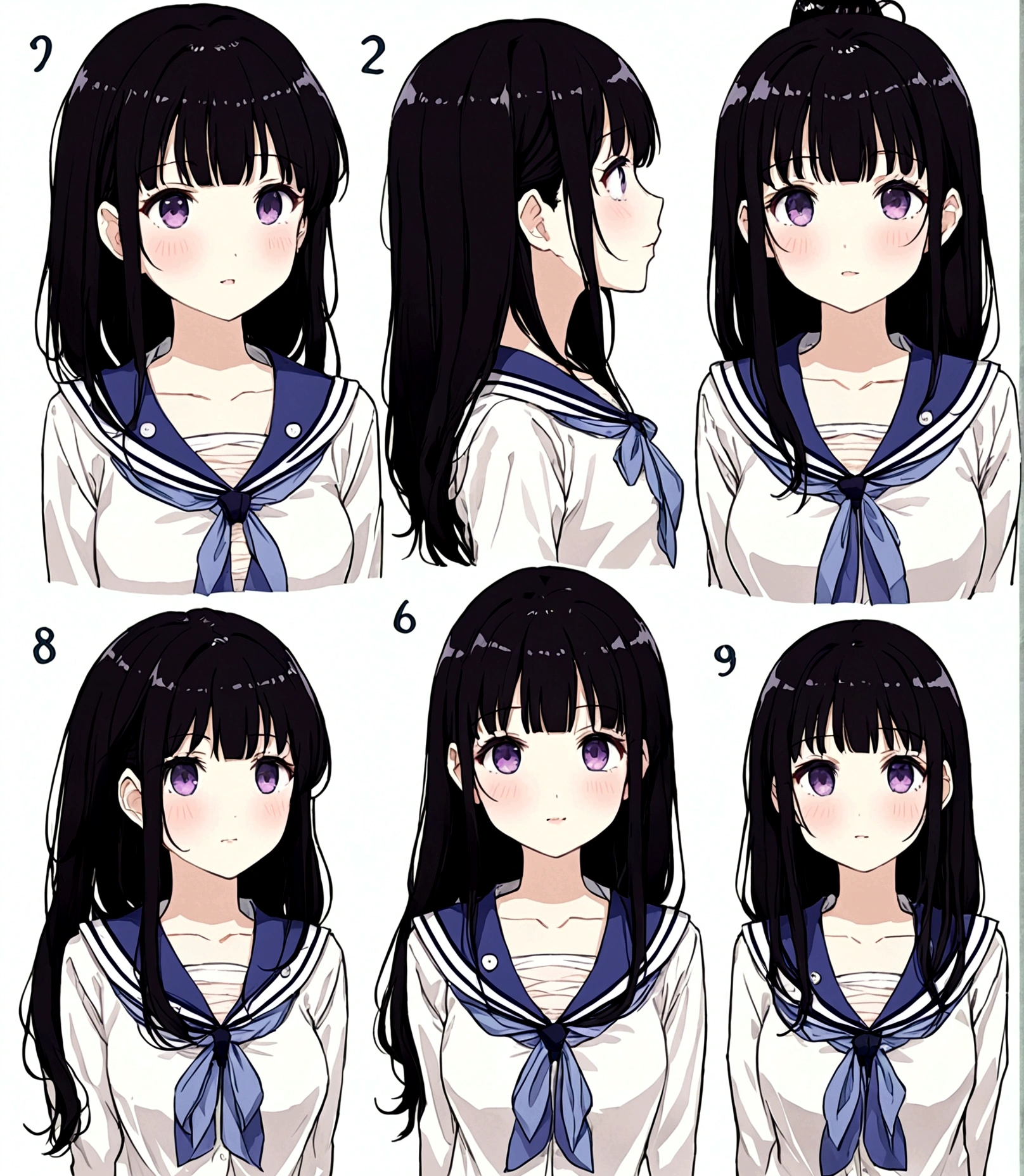 make me a female character with a manga or anime theme with no background, the character has long black hair, beautiful black eyes, smooth and soft cheeks, and a typical Japanese , as well as an ideal body shape.