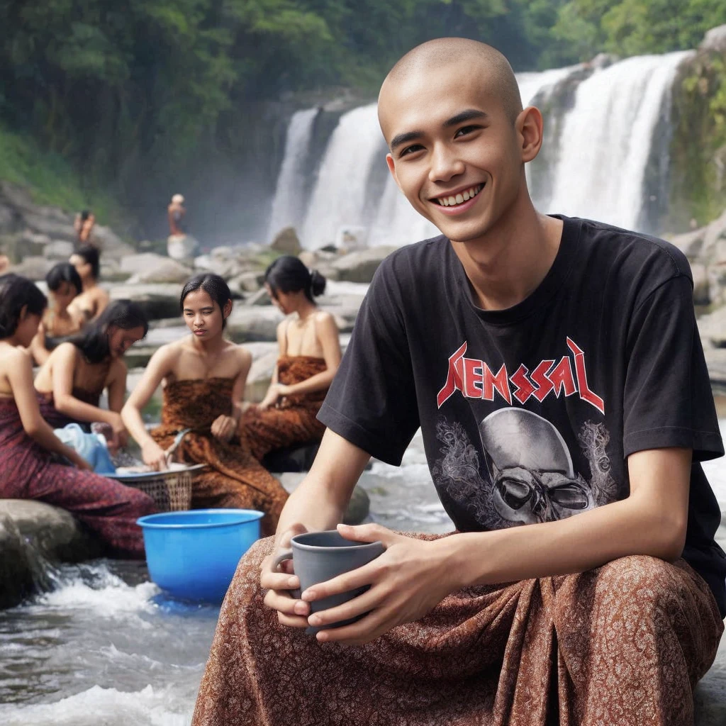 An Indonesian young man , bald head, which, very long neck like a giraffe&#39;s neck,  smiling wearing a black t-shirt with text written on it "THEY" and below the text there is writing "SPIES", and sheath. Sitting on a rock by the river, while holding a cup of coffee, facing to see some beautiful girls wearing kemban, who is washing clothes in the river. The background of the river, rocks, trees and waterfalls looks beautiful and amazing.