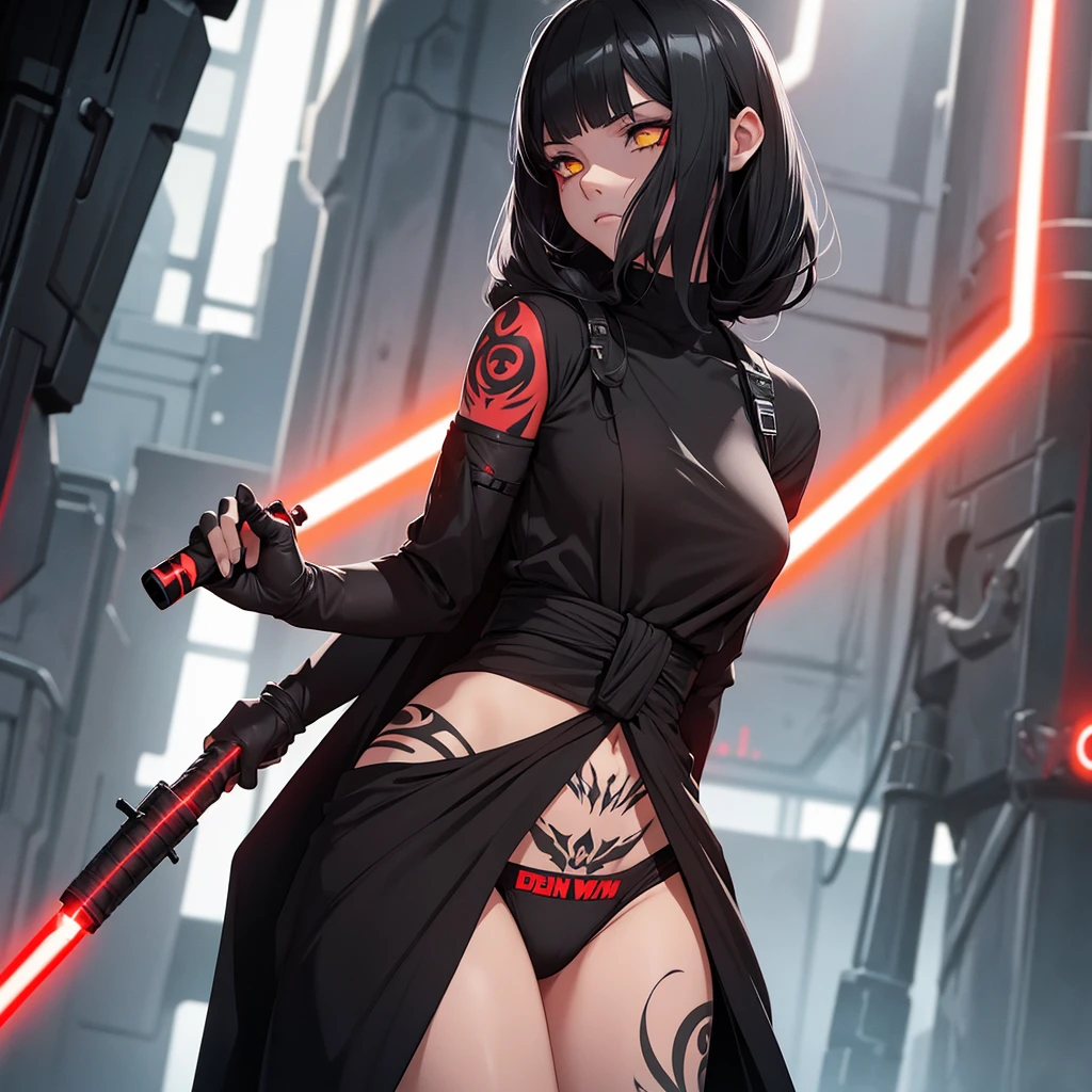 The girl is a Sith lord. She is wearing a black top and underpants. her skin is covered with black tattoos. She has red-yellow eyes. She holds a red lightsaber in each hand.