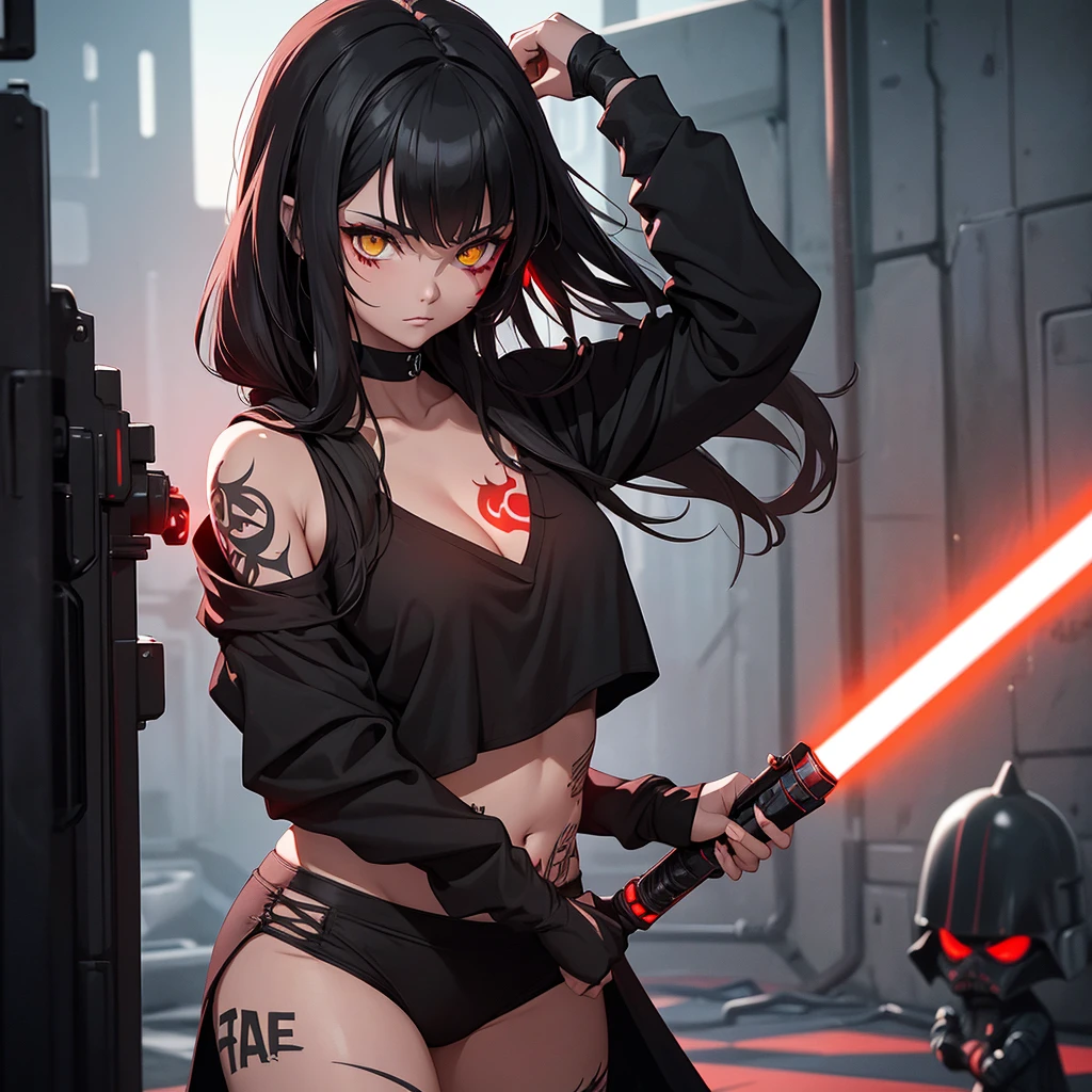 The girl is a Sith lord. She is wearing a black top and underpants. her skin is covered with black tattoos. She has red-yellow eyes. She holds a red lightsaber in each hand.