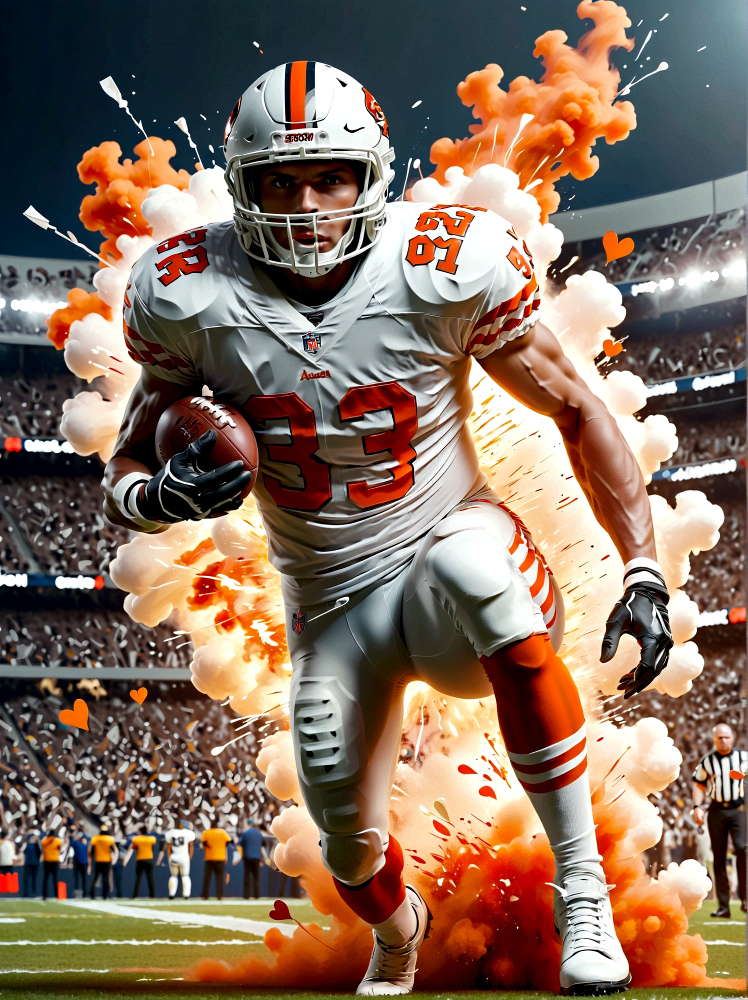 Imagine an intense and dynamic illustration of an American football player, defined by a Caucasian descent, who seems to be exploding out from the King of Hearts playing card. This football player is garbed in a white jersey adorned with orange stripes and conspicuously marked with the number 33. In a powerful pose, he tightly grips a football, illustrating a potent action sequence. Encapsulating the player, there is an impressive explosive effect, which is visually characterized by splashes of white and orange paint, culminating in a dramatic and impactful visual scene.