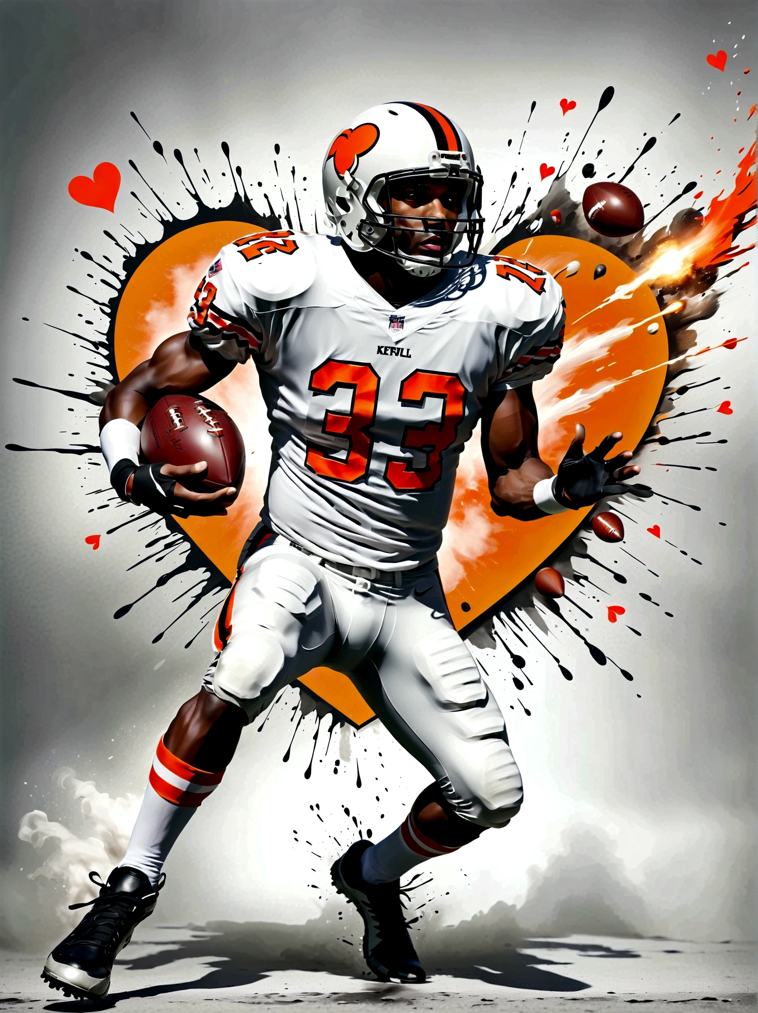 Imagine an intense and dynamic illustration of an American football player, defined by a Caucasian descent, who seems to be exploding out from the King of Hearts playing card. This football player is garbed in a white jersey adorned with orange stripes and conspicuously marked with the number 33. In a powerful pose, he tightly grips a football, illustrating a potent action sequence. Encapsulating the player, there is an impressive explosive effect, which is visually characterized by splashes of white and orange paint, culminating in a dramatic and impactful visual scene.