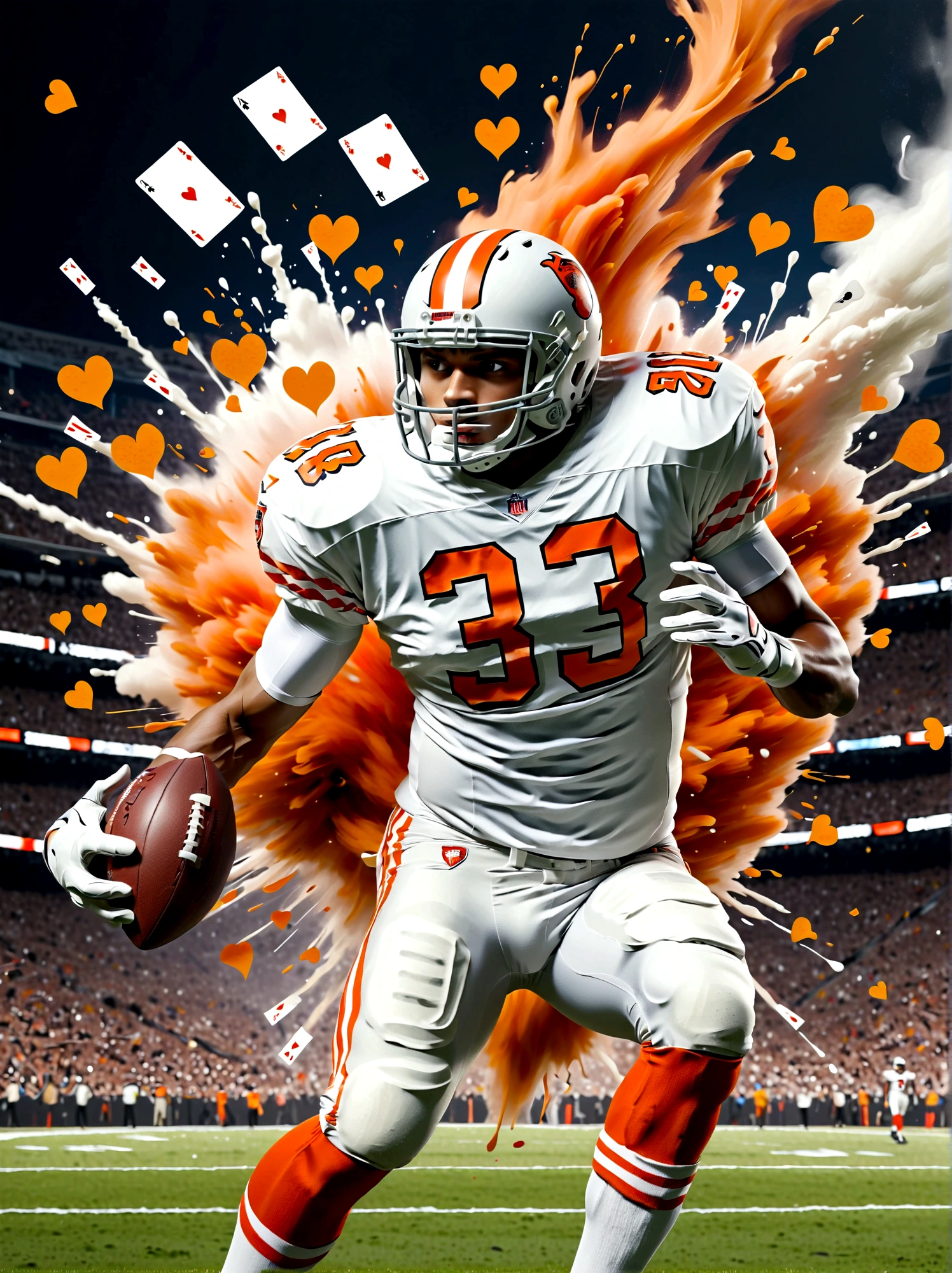 A Middle Eastern football player in action. This image has been painted with vibrant colors and bold brushstrokes to accentuate the energy and intensity of a professional athlete. The athlete possesses a strong and muscular body, with well-defined arms that project a powerful athletic aura. His confident pose encapsulates his readiness to rule the field. The dynamism of the scene, frozen through the capture of a high-speed lens, showcases his agility and tenacious determination. The vibrant color palette adds another layer to the excitement, punctuating the football player's intense focus. This image, drawing inspiration from hyperrealism, embodies the essence of a professional football player. Perfect as a sports magazine cover or motivational poster.