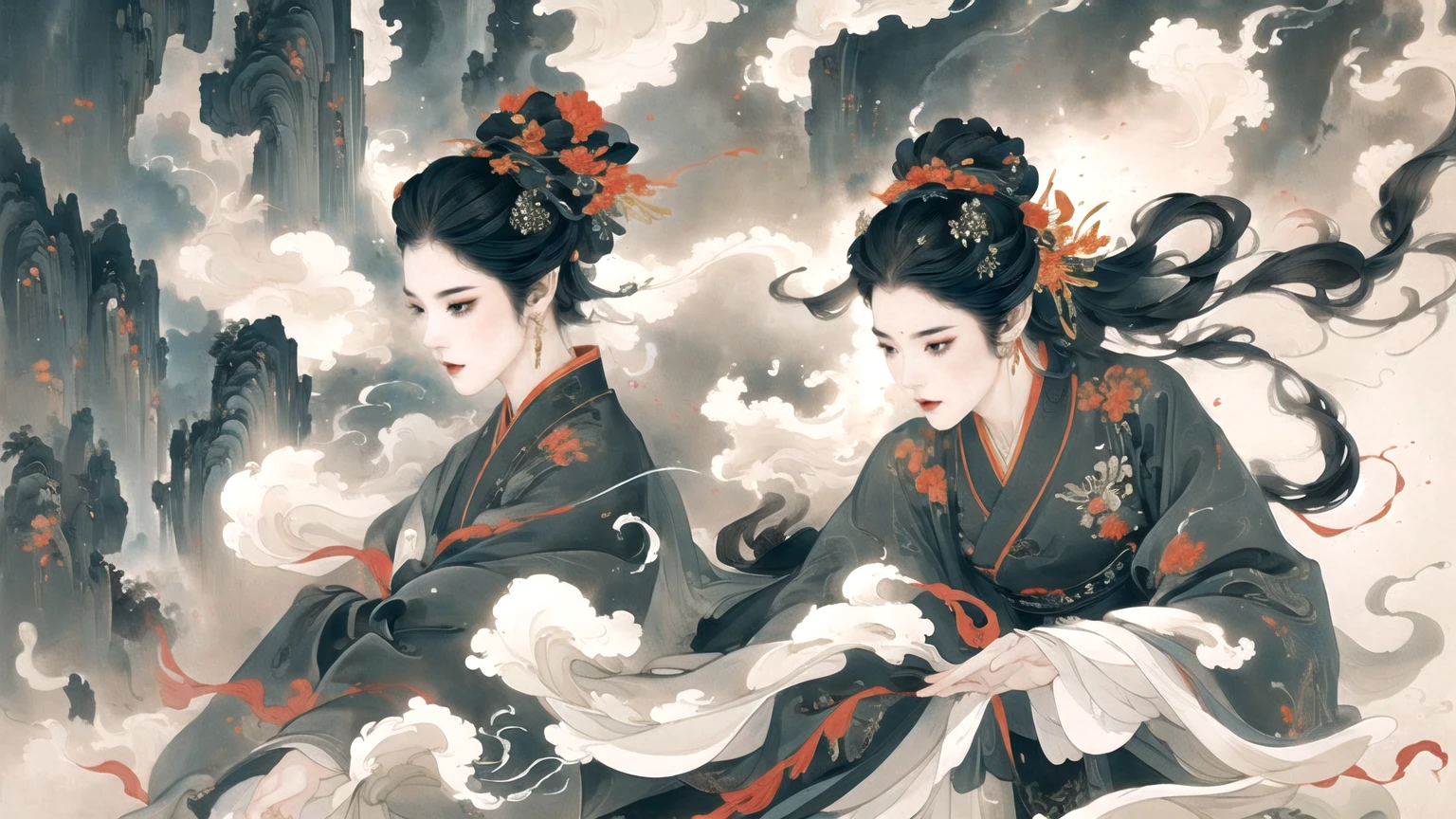 Chinese black and white ink painting,Female Swordsman,heroic figure,Traditional Clothing,Exquisite and sharp sword, Sharp eyes and focused expression, Dynamic poses, Dramatic Lighting, Vibrant colors, High contrast, Epic landscape background, Hazy atmosphere, full of action, Dynamic brushwork, Ultra-high resolution, Fine details, professional quality.