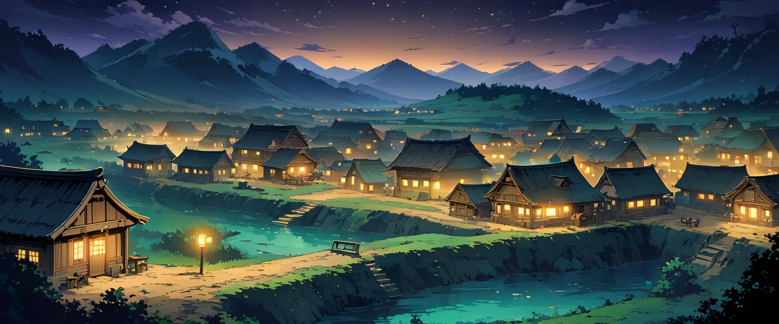 village,欧洲中世纪的village。night,Night view。Mid-ground composition,Panorama pictures,Scene screen,Game concept art style,Anime illustration style,HD,4K。