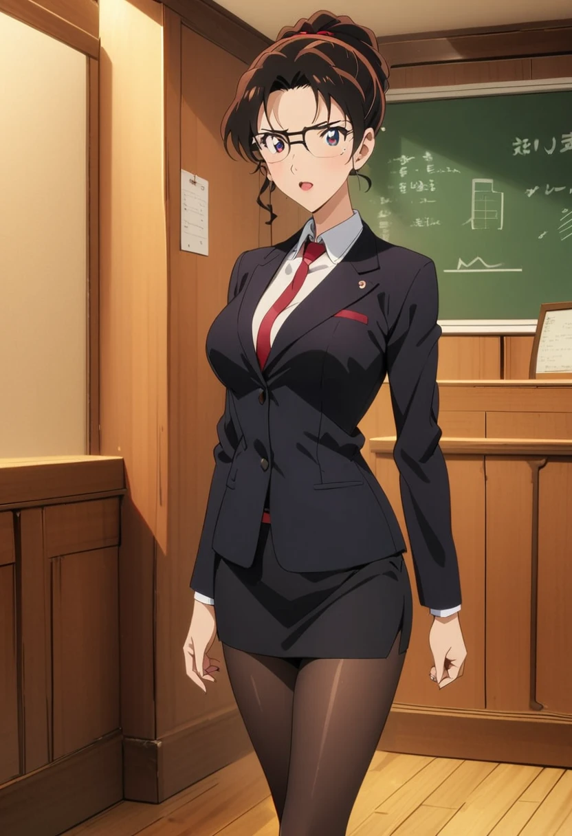 A beautiful female teacher in a suit standing in a room, a blackboard on the wall behind her, beautiful teacher, wearing glasses, sexy, long black stockings, 8k, anime style