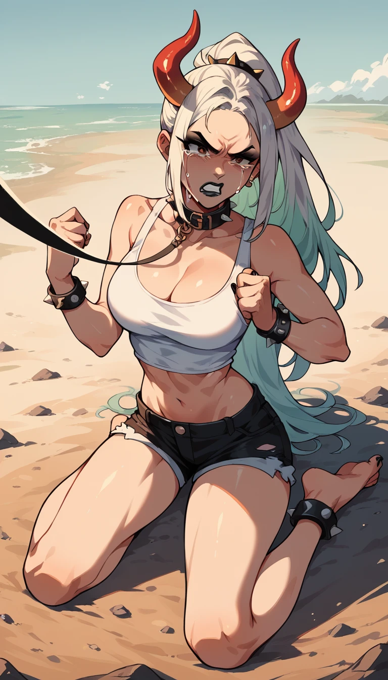 Yamato, barefoot, white crop-top, short shorts, cleavage, black lipstick, black eyeliner, black nails, dirt road, countryside, angry, crying, spiked collar, spiked wrist bracelets, leash on collar, spiked ankle bracelets