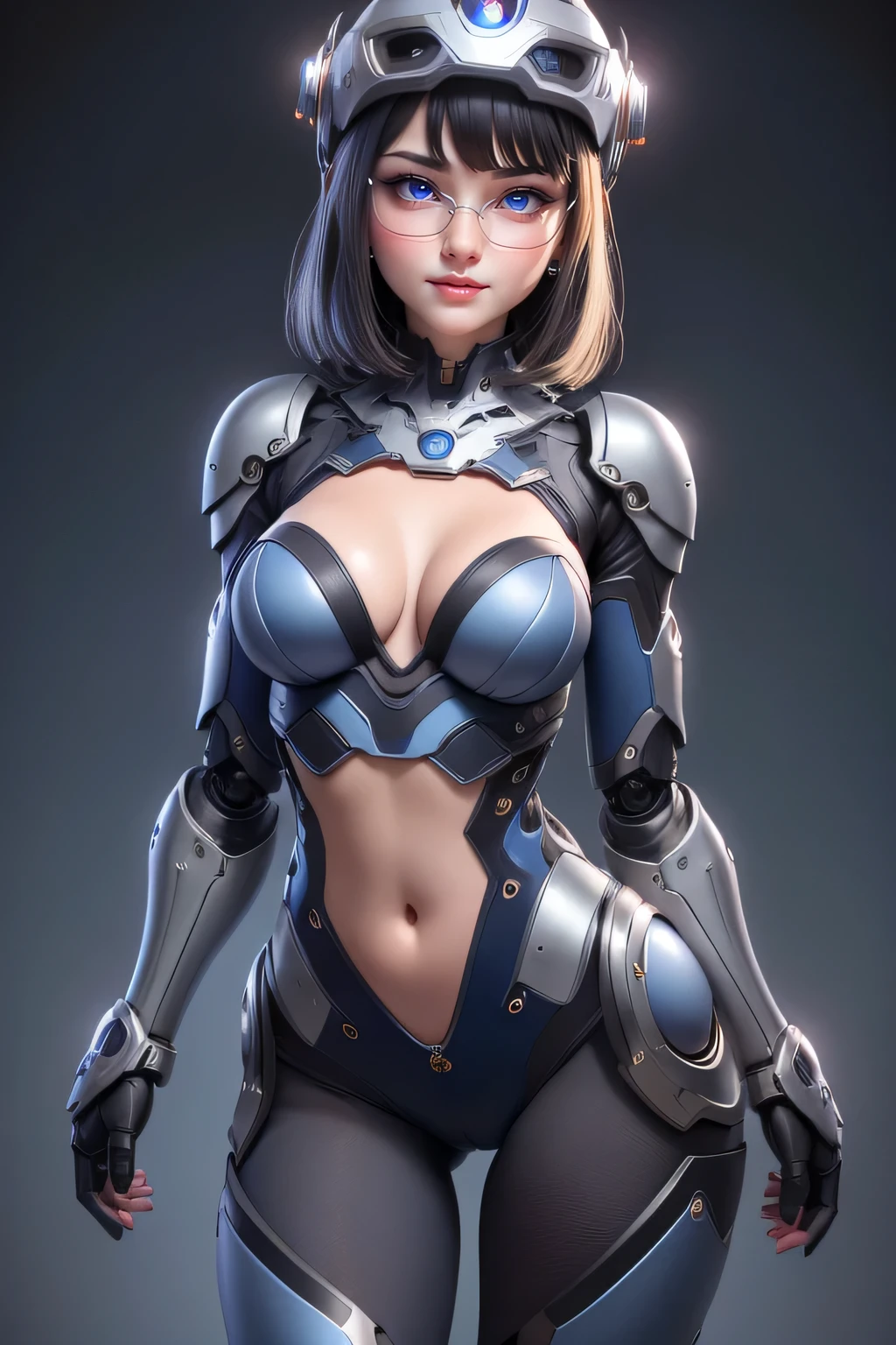 1 cute girl (18yo) glasses, upper body, slim waist, natural medium breast, sexy pose, happy face, bangs, random hairstyle, cleavage, navel, , seductive smile, wear intricately detail hot and sexy outfit,  full robotic costume, wear unique helmet, blue color, upper body. flat gray color for background