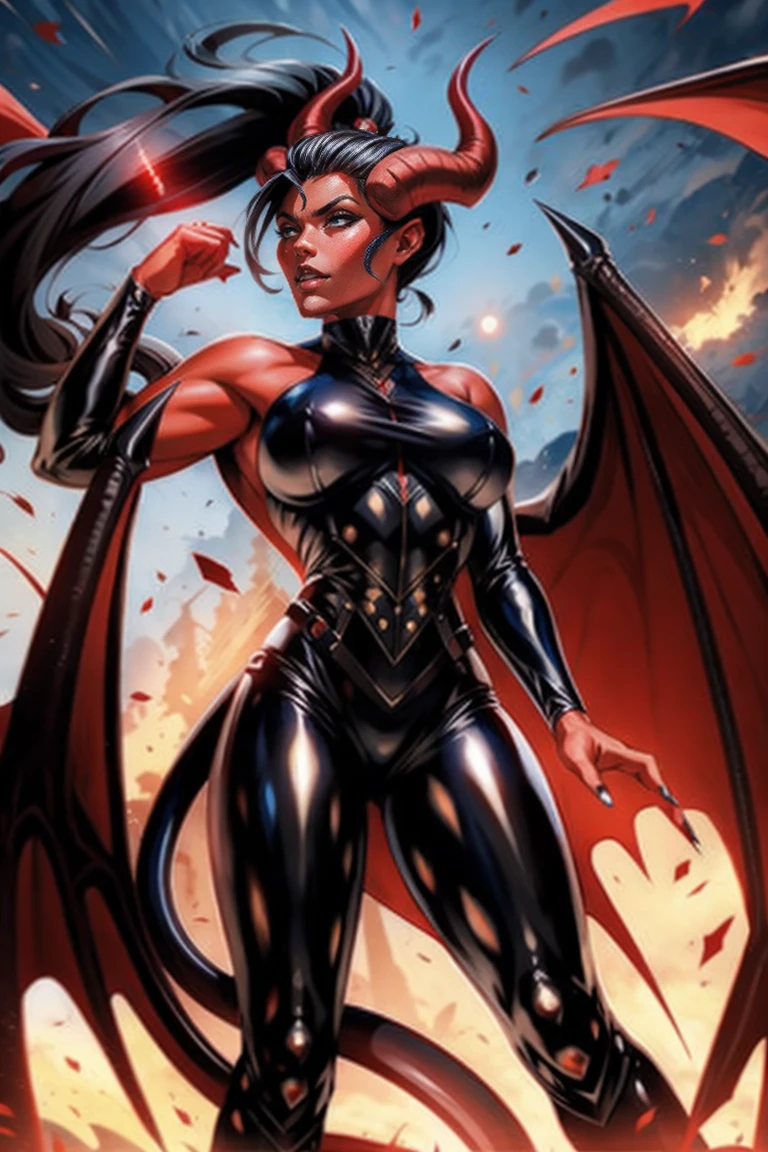 Red skin succubus tiefling, medium breasts, black horns, wings, huge tail, black leather, tall, toned, graceful, thin, long black ponytail. Action scene, shotgun.