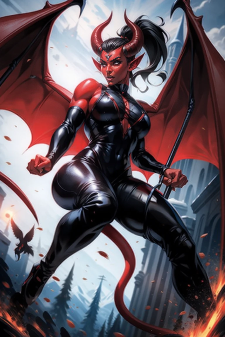 Red skin succubus tiefling, medium breasts, black horns, wings, huge tail, black leather, tall, toned, graceful, thin, long black ponytail. Action scene, shotgun.