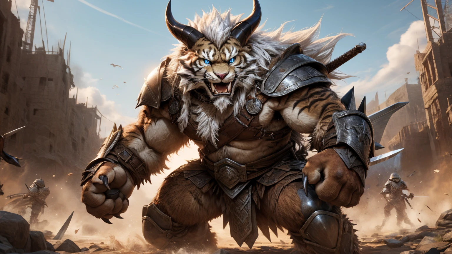 head、Animal cat face、A pair of dragon horns，Full body of fluffy white hair、Heavy breathing、Gnashing of teeth,Serious expression,Fluffy belly、Leather Armor，Viking style，wildcat、blue eyes，(contour）Full body covered with long white hair、Hairy body、Long and thick armpit hair、Fangs、4K，War Background，Sharp claws、Capture the composition of the whole body、 A sword，Hold the hilt of the sword in your left hand，Fighting Stance，HD