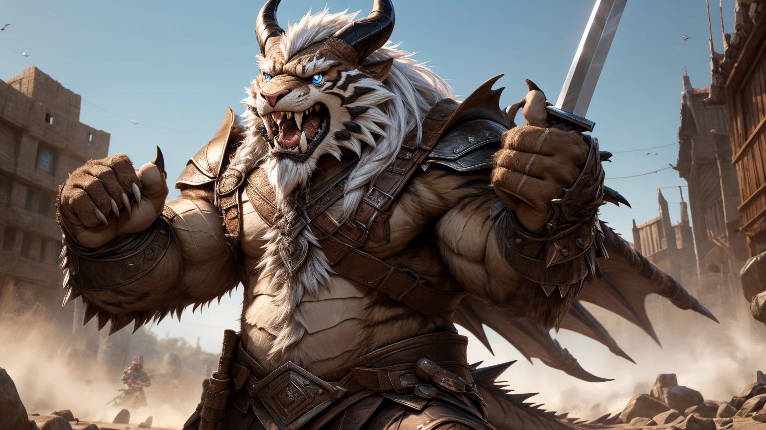 head、Animal cat face、A pair of dragon horns，Full body of fluffy white hair、Heavy breathing、Gnashing of teeth,Serious expression,Fluffy belly、Leather Armor，Viking style，wildcat、blue eyes，(contour）Full body covered with long white hair、Hairy body、Long and thick armpit hair、Fangs、4K，War Background，Sharp claws、Capture the composition of the whole body、 A sword，Hold the hilt of the sword in your left hand，Fighting Stance，HD