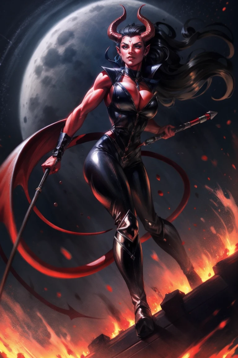 Red skin succubus tiefling, medium breasts, black horns, wings, huge tail, black leather, tall, toned, graceful, thin, long black ponytail. Action scene, whip. Dark scene, explosions, night sky.