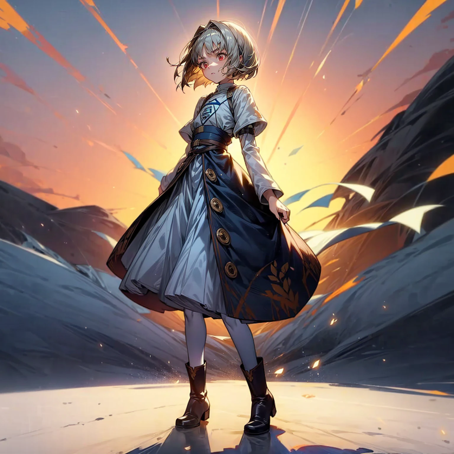 1small girl, Full body version, 1character, light red eyes color, white skin, short hairstyle, dark blue colour hair, saber style clothing, Long skirt, long socks, long boots, full background, Grassroots background in village, motion blur, shadow, standing gesture, (attack on Titan style art)