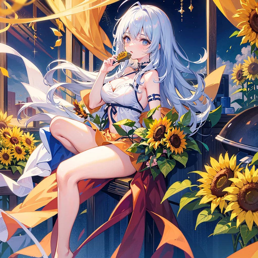 One girl,pretty girl,Midsummer,very hot,sweating,Hold a fan,Wind chimes ring,Looking out the window,Great space,Sunflowers bloom,Lots of sunflowers,