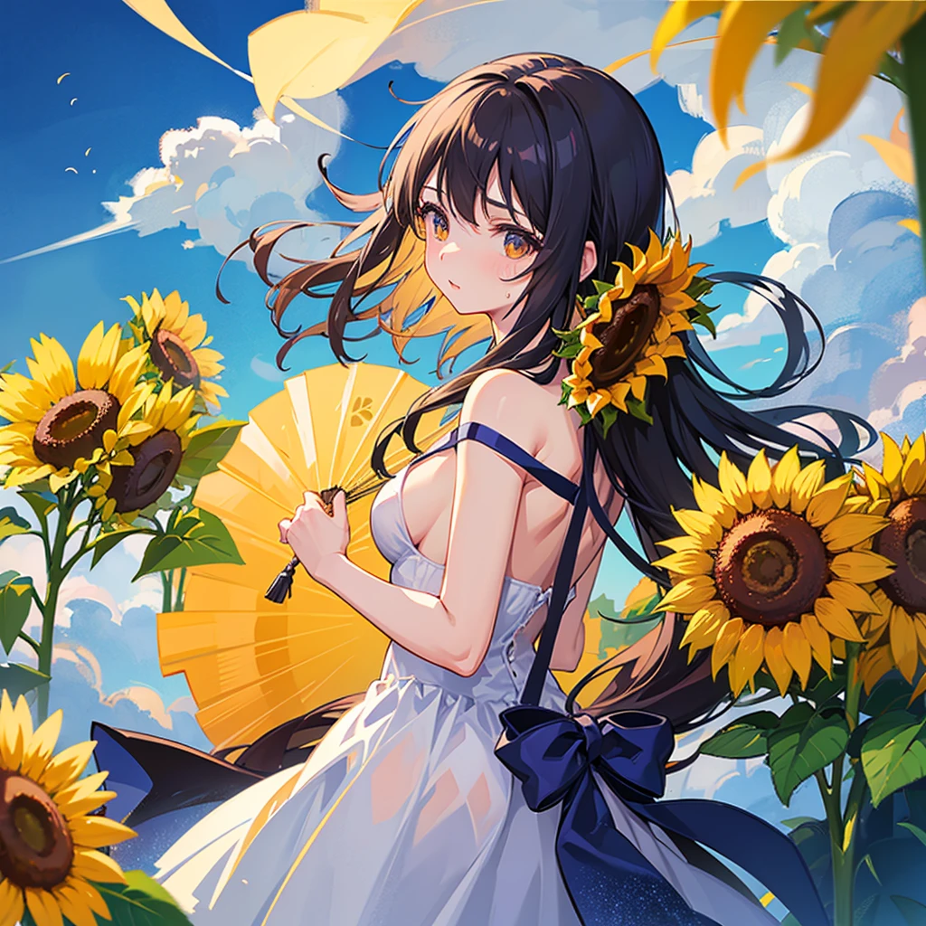 One girl,pretty girl,Midsummer,very hot,sweating,Hold a fan,Wind chimes ring,Looking out the window,Great space,Sunflowers bloom,Lots of sunflowers,