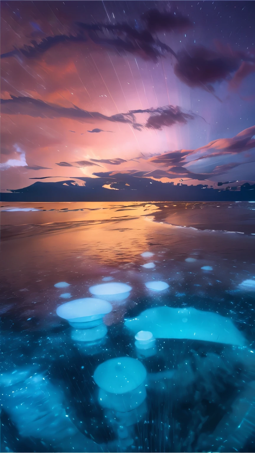 Rain on biolumincient sea at night, Frozen methane bubble night, blue bioluminescence High above, faint arc of light streching across the sky as a broad thin band of light, magnificent arc across the sky , Standing on the methane ocean beach of Titan and gazing at the partially visible arc in the sky would be an extraordinary and surreal experience. Rain, heavy rain, clouds. Water droplets. Rain at night, rainy beach  