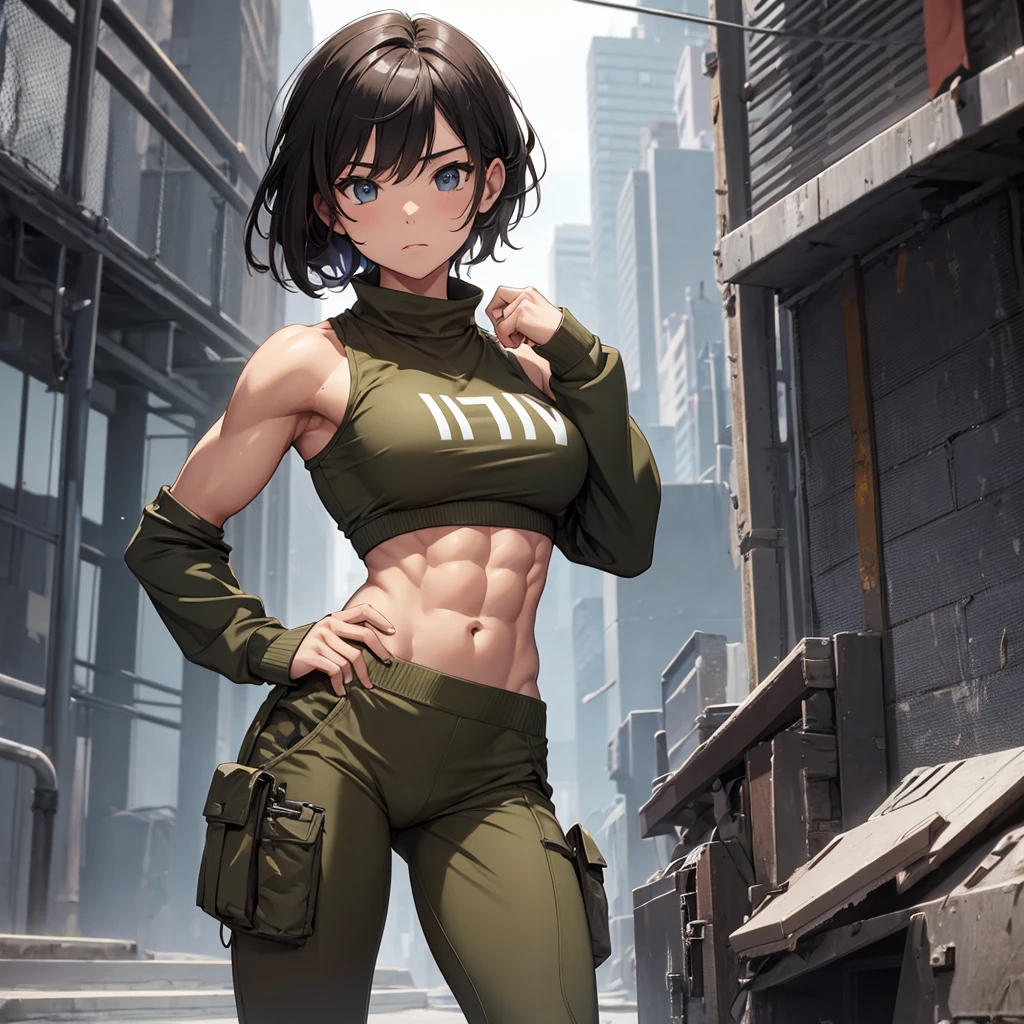 a girl of athletic build. She wears a top and pants in army coloring. She has abs