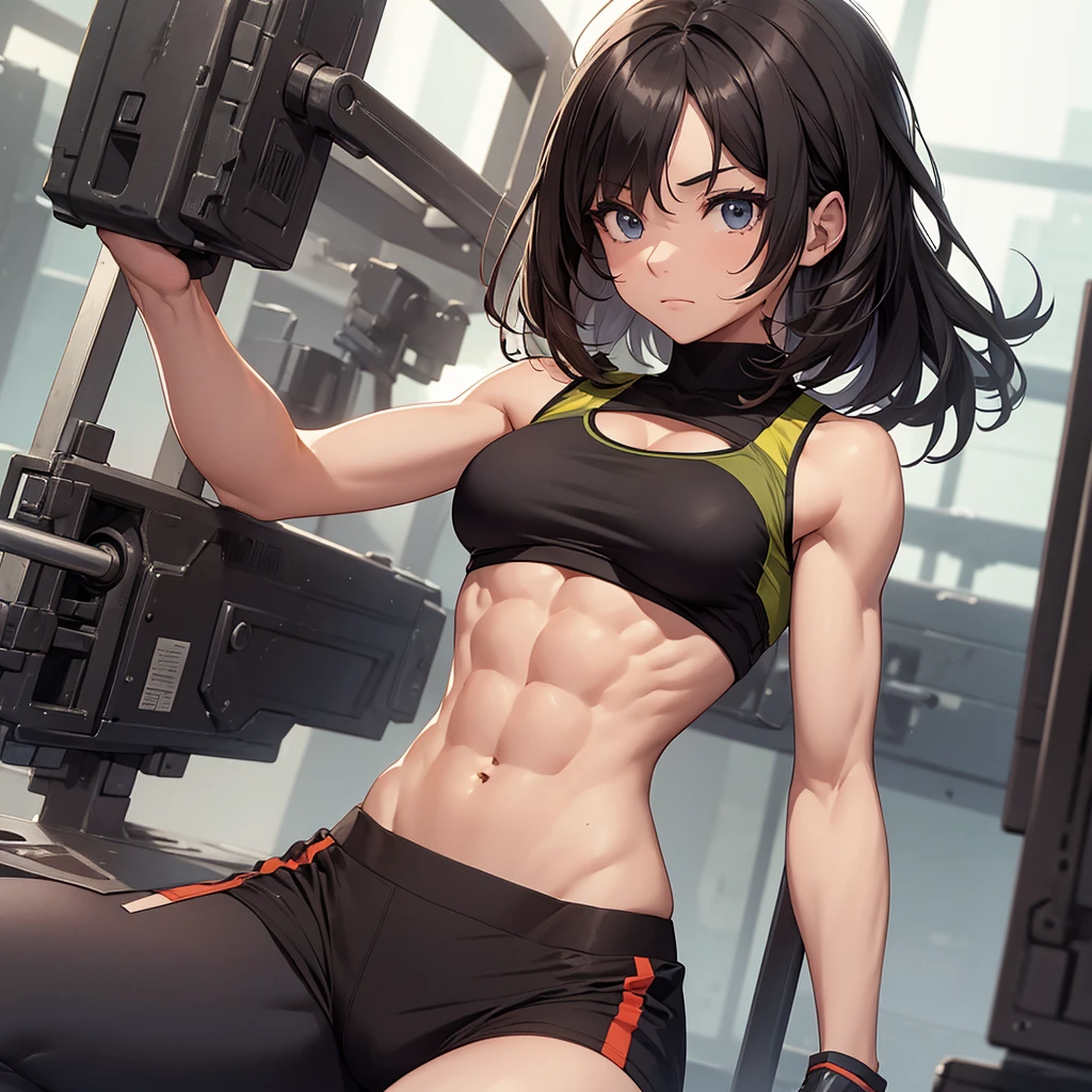 a girl of athletic build. She wears a top and pants in army coloring.  She has abs 