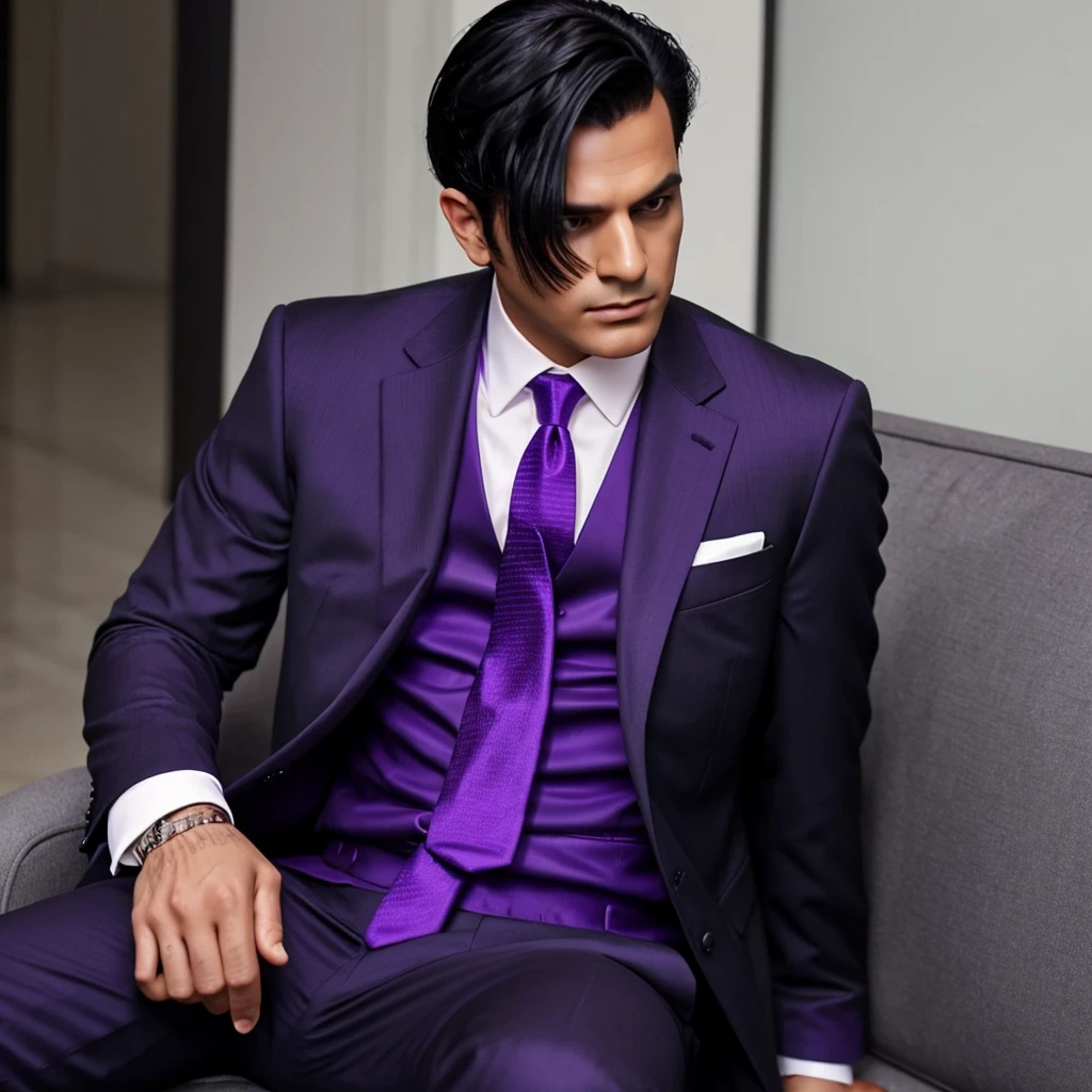 black hair mafia boss black suit purple tie