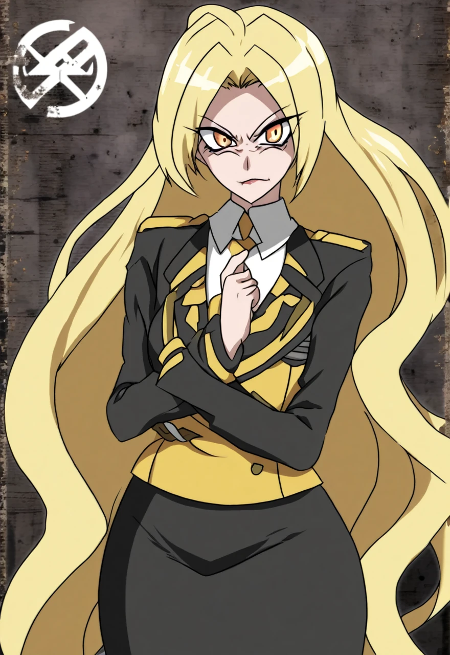 Make a old evil military blonde anime woman in a dark skirt suit