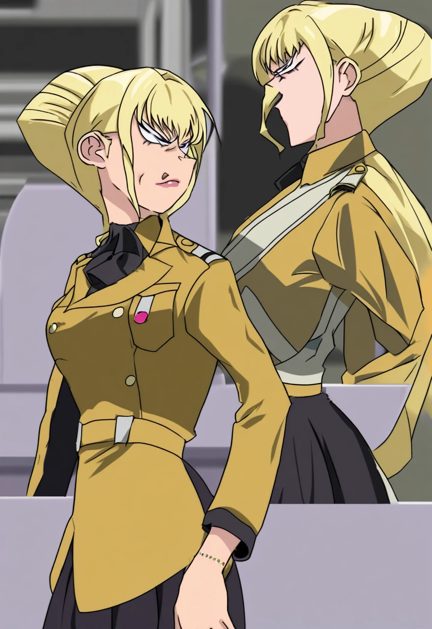 Make a old evil military blonde anime woman in a dark skirt suit  