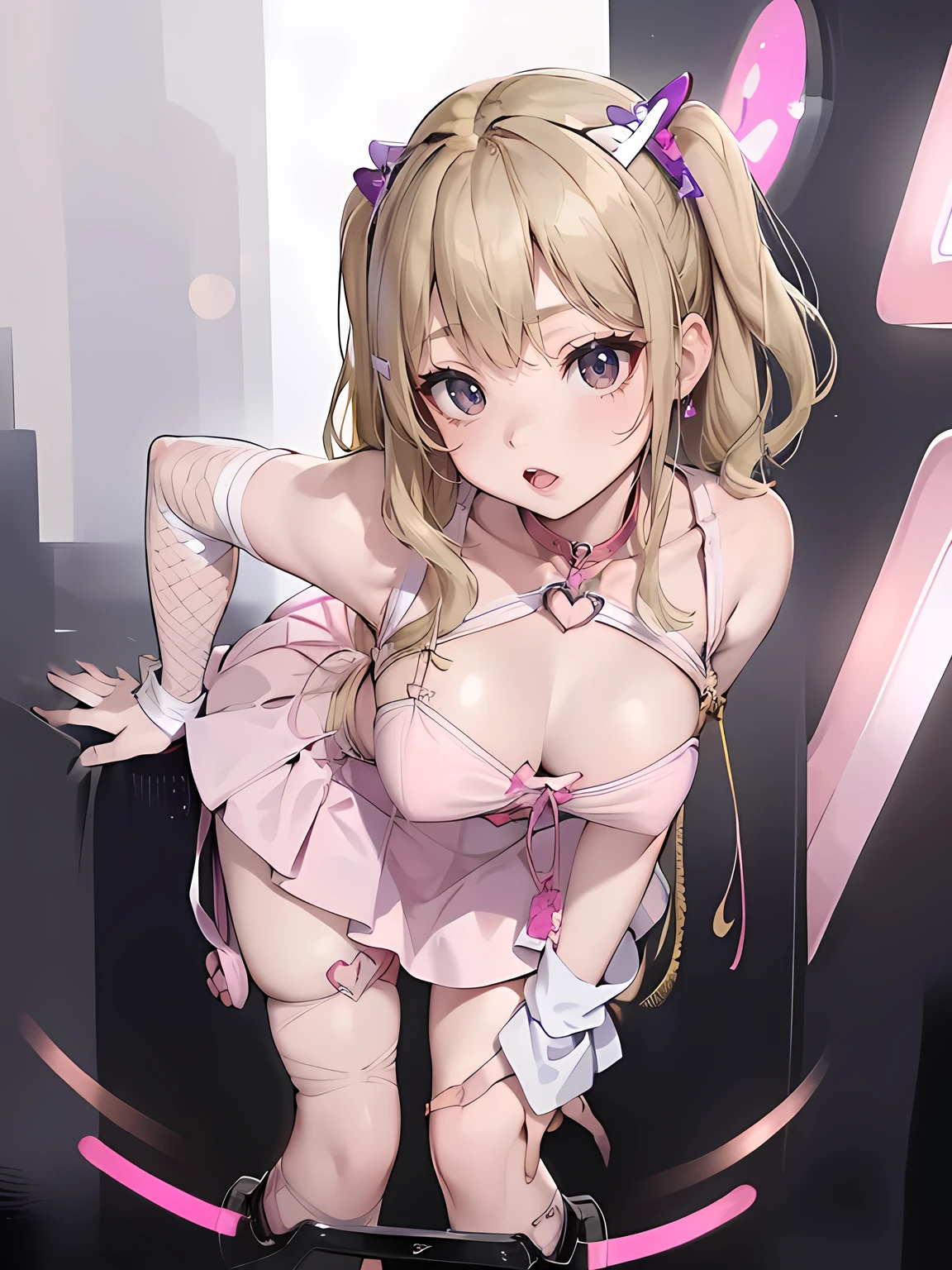 (best quality,4K,8k,high resolution,masterpiece:1.2),super detailed,(actual,realistically,realistically:1.37), Ultra high definition face, Woman in dress posing for photo, seduct smile, attractive girl, jaw-dropping beauty, large breasts, large , biggest breast, huge breast,Thin waist and thick hips, hourglass figure, fitness model, rosy cheeks, Alluring with a smile, ((( leaning forward:1.3))), (from below:1.2), ((beautiful blonde har with pink mesh)),in the disco room, party, night