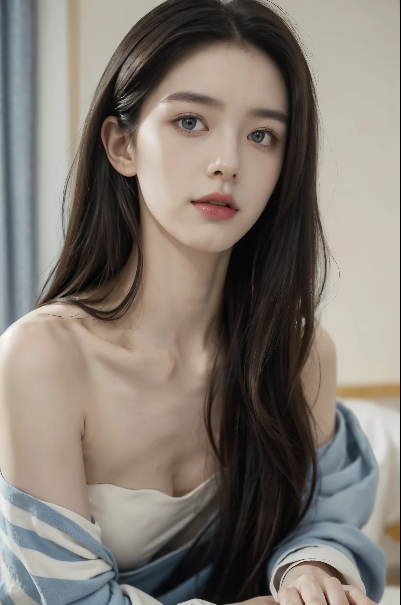 (((best quality))), (((ultra detailed))), (((masterpiece))), illustration,((a fragile and beautiful young girl,solo)),((slim,thin)),((small breasts,flat chest)),((sitting on a hospital bed)),(strapless vertical striped blue and white bra:1.2), ethereal appearance,(shoulder length straight bob hair:1.2),((close eyes,open mouth,female orgasmic,blush,ahegao)),delicate features, expressive eyes, porcelain skin, worried expression, vertical stripes on the gown, loose fit, slender fingers, polished nail polish, clinical examination room, faded walls, doctors' cart, stainless steel, hospital backdrop, stark contrasts, cold environment, warmth and vulnerability, poignant moment, moving image,((from front,close-up of face)),