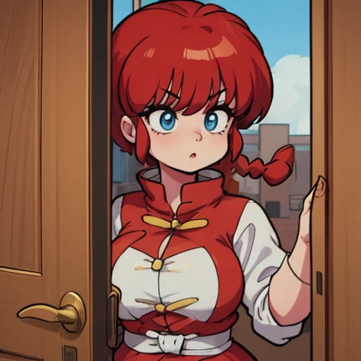 RanmaChan, Red hair, Braided hair, blue eyes, detailed eyes, whole body, pose open door