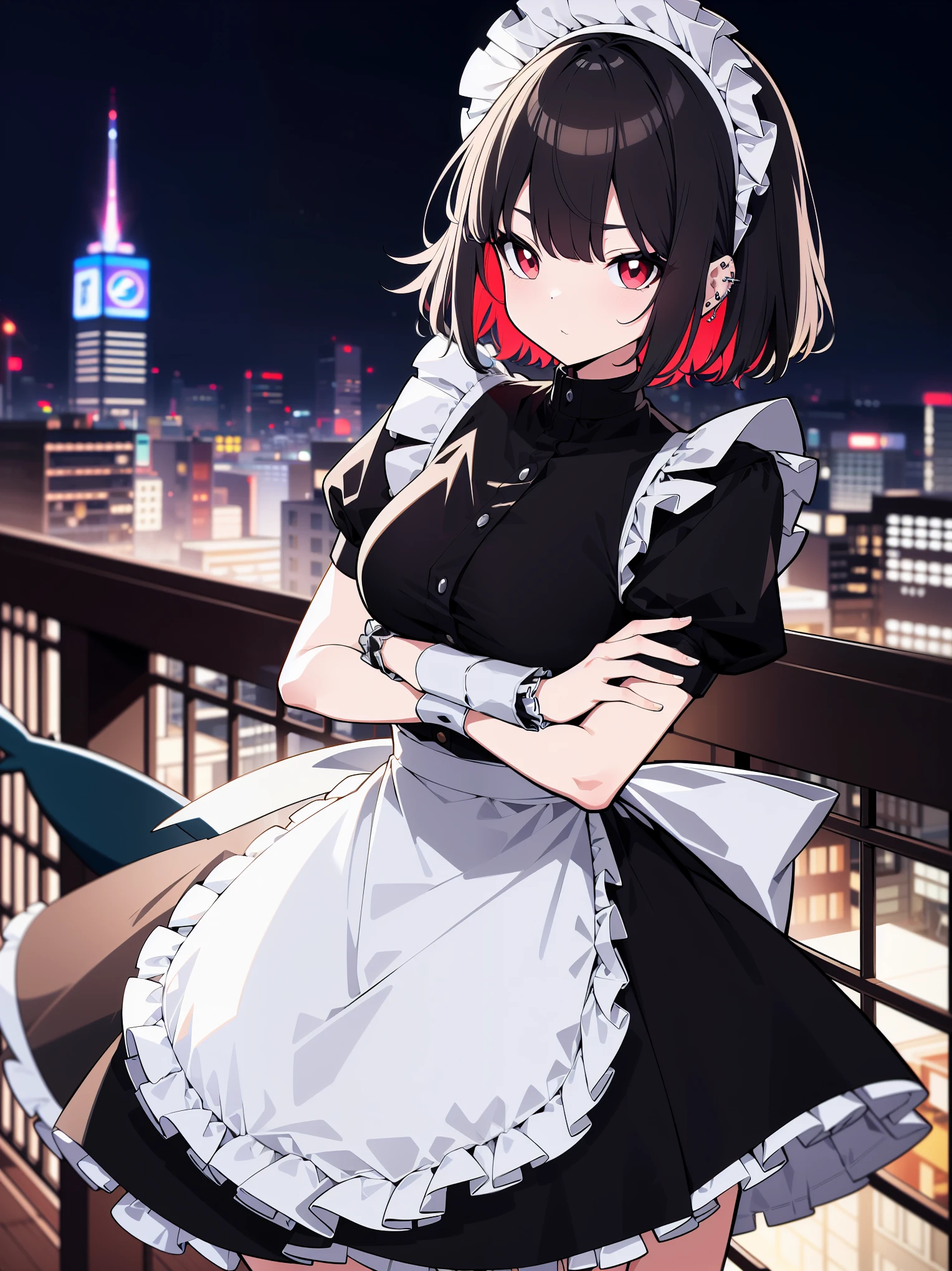 (cowboy shot), (ultra-high resolution, depth of field:1.2), Zenless Zone Zero, (Elen Joe:1.1),1woman, mature, black hair, short hair, inner color hair, (red eyes), medium breasts, crossed arms, maid dress, shark tail, maid apron, maid headdress, piercing, short sleeves, wrist cuffs, modern city scenery