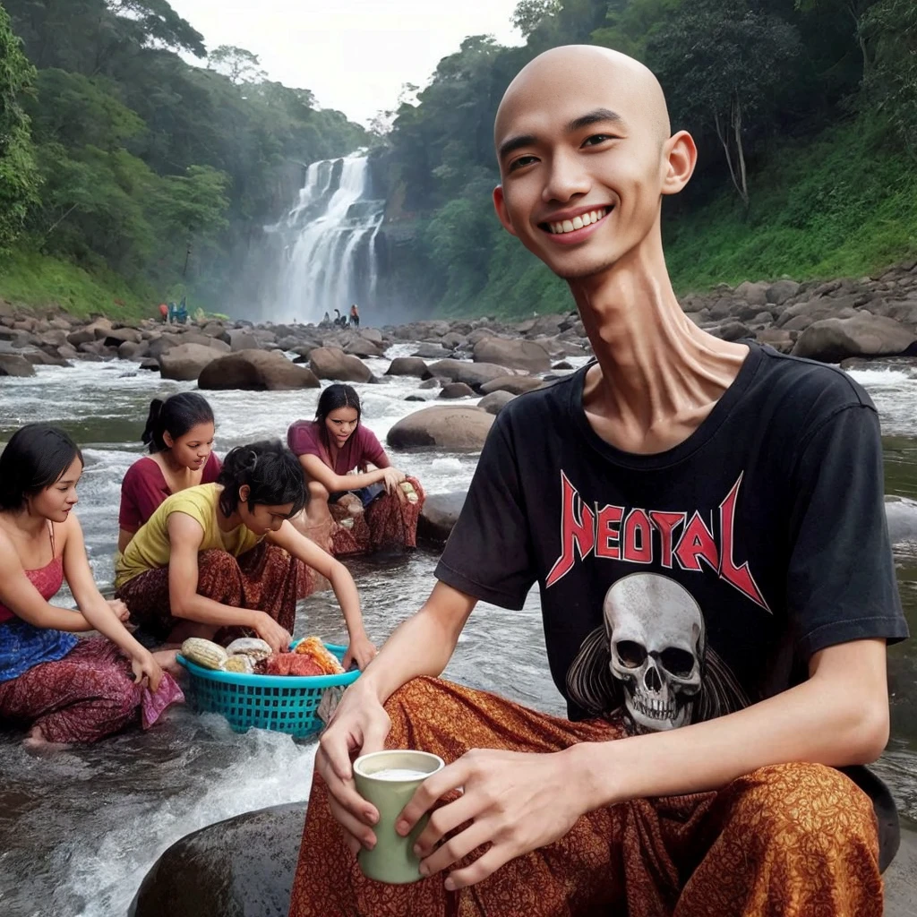 An Indonesian young man , bald head, which, very long neck like a giraffe&#39;s neck,  smiling wearing a black t-shirt with text written on it "THEY" and below the text there is writing "SPIES", and sheath. Sitting on a rock by the river, while holding a cup of coffee, facing to see some beautiful girls wearing kemban, who is washing clothes in the river. The background of the river, rocks, trees and waterfalls looks beautiful and amazing.