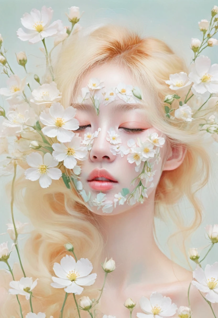blond woman with white flowers covering her face and eyes, inspired by Hsiao-Ron Cheng, inspired by Yanjun Cheng, by Ayami Kojima, by Hsiao-Ron Cheng, by Yanjun Cheng, guweiz, artwork in the style of guweiz, by Eizan Kikukawa, pastel, james jean and wlop