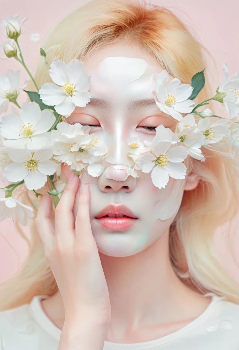 blond woman with white flowers covering her face and eyes, inspired by Hsiao-Ron Cheng, inspired by Yanjun Cheng, by Ayami Kojima, by Hsiao-Ron Cheng, by Yanjun Cheng, guweiz, artwork in the style of guweiz, by Eizan Kikukawa, pastel, james jean and wlop