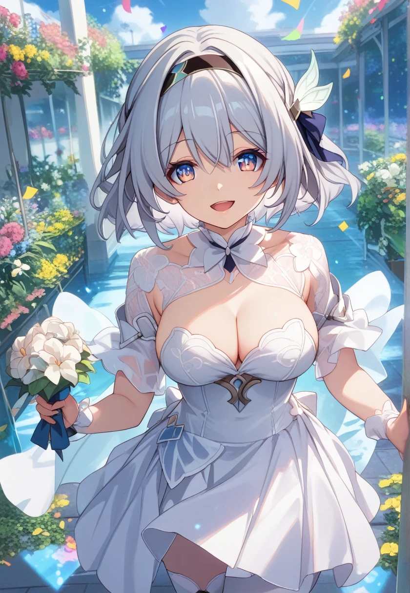 score_9, score_8_superior, score_7_superior, Wedding dress, White gloves, White Dress, garden, Are standing, Cowboy Shot, Holding a bouquet, smile, Open your mouth, Confetti, fire Fly \(Honkai: Star Rail\), hair ornaments,Black hair band, Large Breasts, Nice hands, Perfect hands,Short Hair,Short Hair、Silver Hair