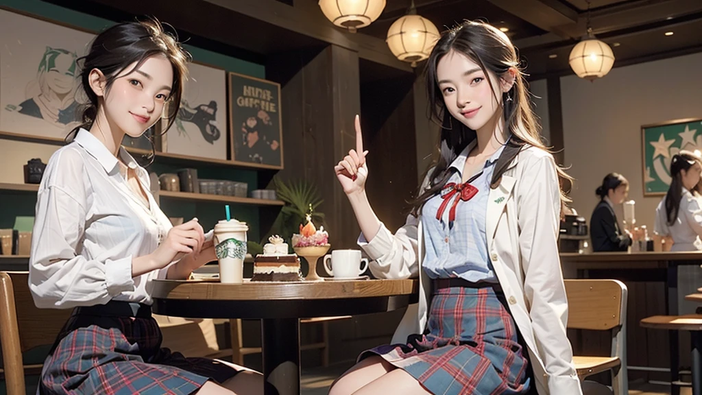 8K、RAW Photos、Highest quality、Super detailed、Super Resolution、Ultra HD、8K壁紙、Amazing details blazer uniform girl ((White blouse with formal collar, Blue Blazer, 
Red Check Skirt, Red checkered ribbon on blouse)), Complete limbs, Full Finger, 
(((((Starbucks)))))、(((((Cafe table with ocean view)))))((16 year old female student))、(((((Eat cake、Drink coffee、smile)))))、(((Heart Necklace、Gold bracelet)))
(((Emphasize cleavage)))
((((Full body photo、The whole body is visible、Full body portrait))))

