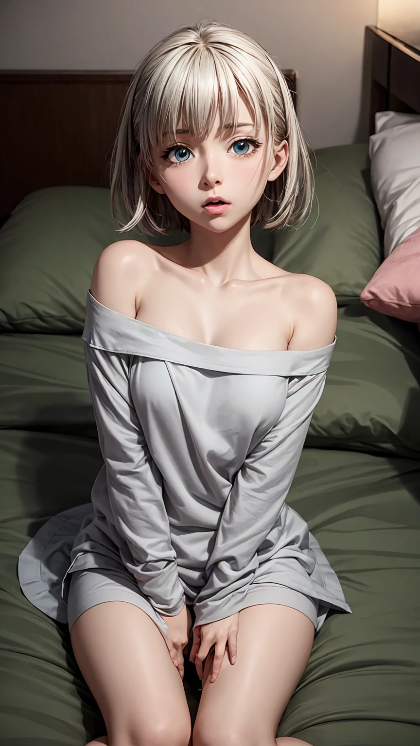 silber hair、short-hair、Golden Eyes、s girl、View of the crotch from below、flat chest、Thin pubic hair、Beautiful open legs、Red bathrobe