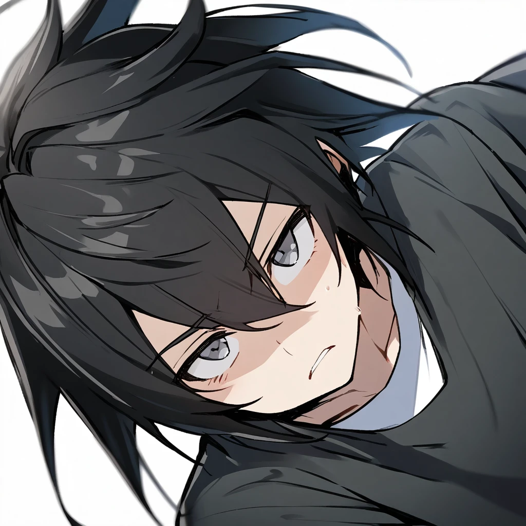 1 young boy, Bblack hair, gray eyes, black leather sweatshirt, white undershirt,fone gamer preto, tilted face, White background, dynamic angle