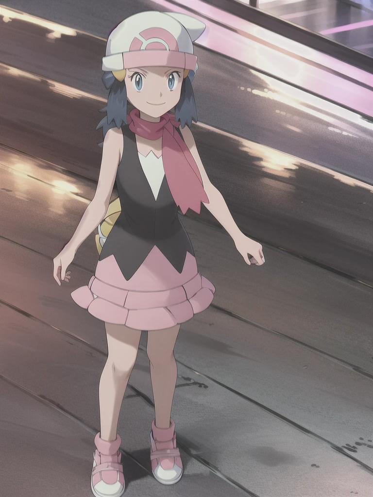 masterpiece, Highest quality, High resolution, One girl, alone, dawn (Pokemon), Pink scarf, Black Shirt, Pink Skirt, Have, Outdoor, Bare shoulders, smile