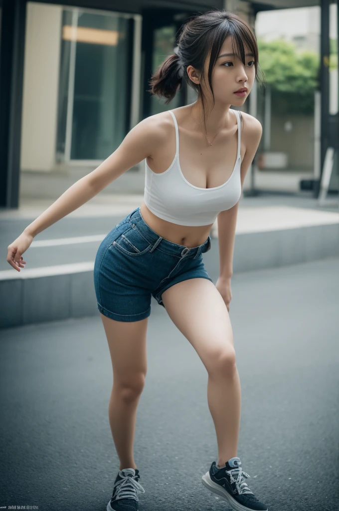 Make an ultra-realistic image about an 18-year-old mixed-race girl of Brazilian origin, straight short hair, with normal waist, big breasts and big ass, with slightly thick legs and arms, full-body visible, sitting on the sidewalk of the street."