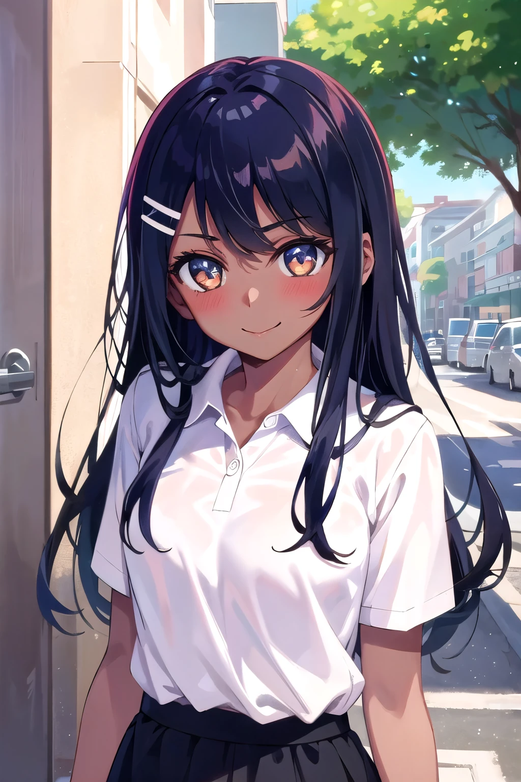 ((best quality)), ((masterpiece)), (details), one girl, sexy ((best quality)), ((masterpiece)), (details), one girl, sexy ((best quality)), ((masterpiece)), (details), one girl, full body,it's_nagatoro_main, Nagatoro Hayase, one girl, blushing, one person, uniform white polo shirt, black hair, brown eyes, hair accessory, looking at viewer, hair clip, smiling, long hair, dark skinned woman, dark skin, , bangs, daytime, skirt, collared shirt, collarbone, ear clip, mouth closed, tree, asymmetrical bangs, upper body