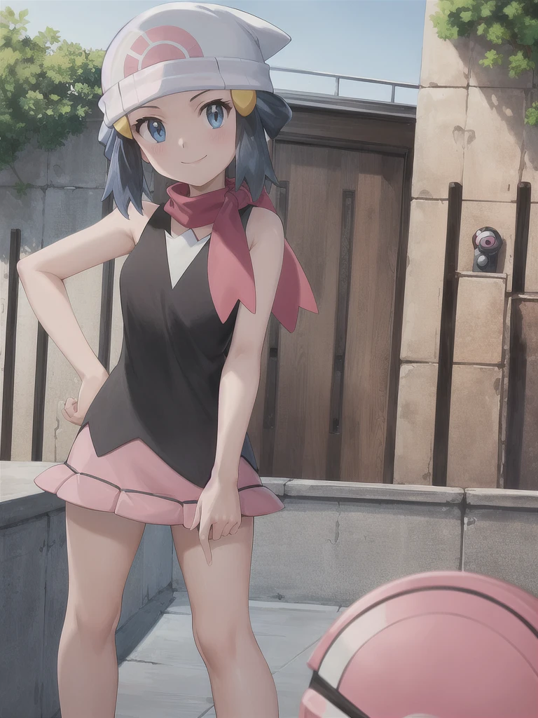 masterpiece, Highest quality, High resolution, One girl, alone, dawn (Pokemon), Pink scarf, Black Shirt, Pink Skirt, Have, Outdoor, Bare shoulders, smile