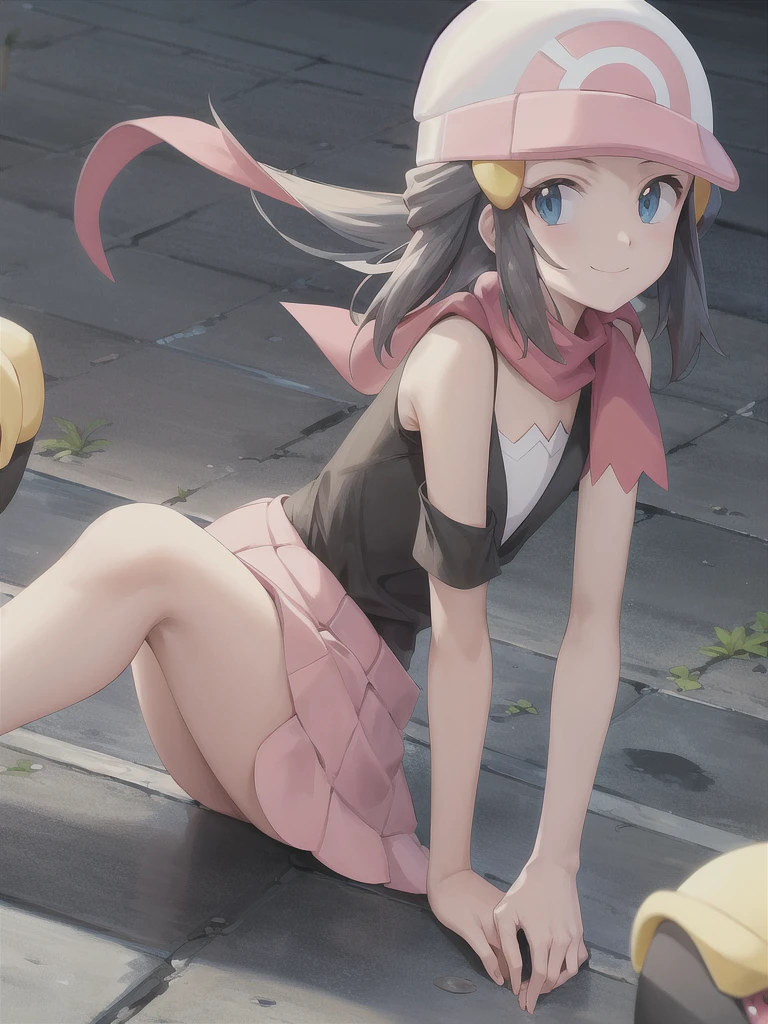 masterpiece, best quality, 1girl, dawn \(pokemon\), beanie, long hair, blue hair, blue eyes, black sleeveless shirt, pink scarf, pink skirt, pink boots, tongue out, lewd face, seductive, looking at viewer, forest background, cameltoe, white thong, squatting. hands behind head, cameltoe